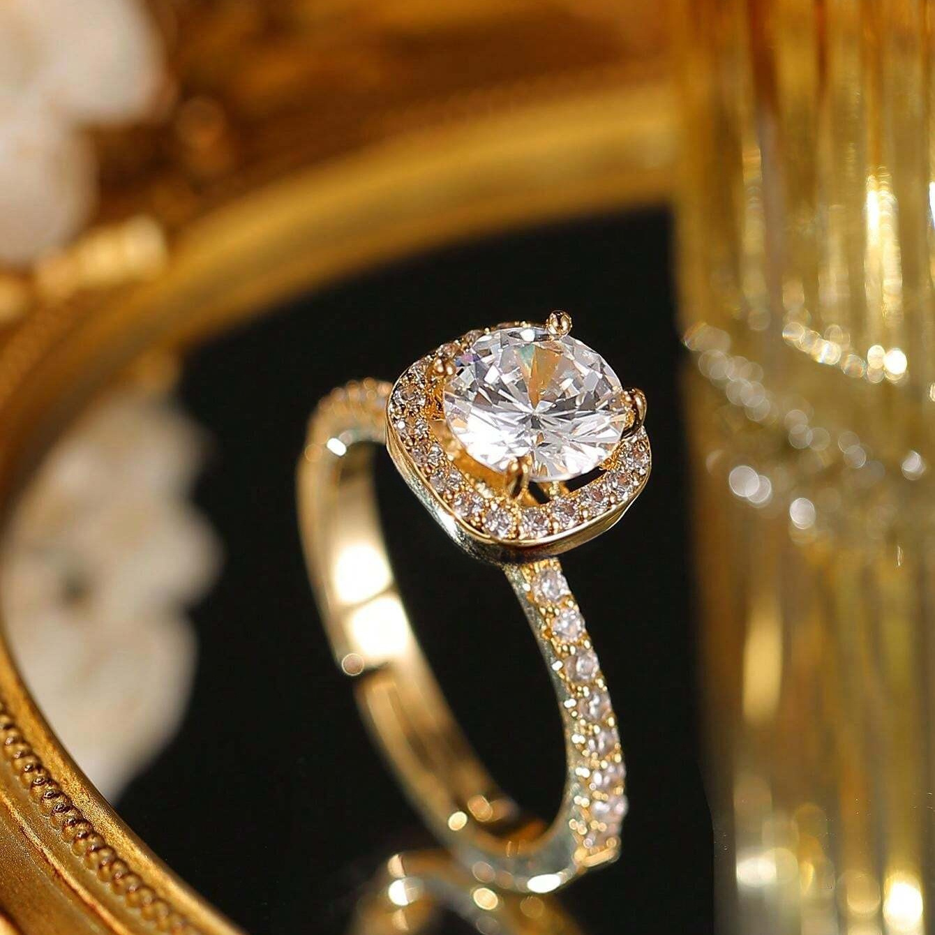 Stylish White Moissanite Square-Shaped Golden Ring